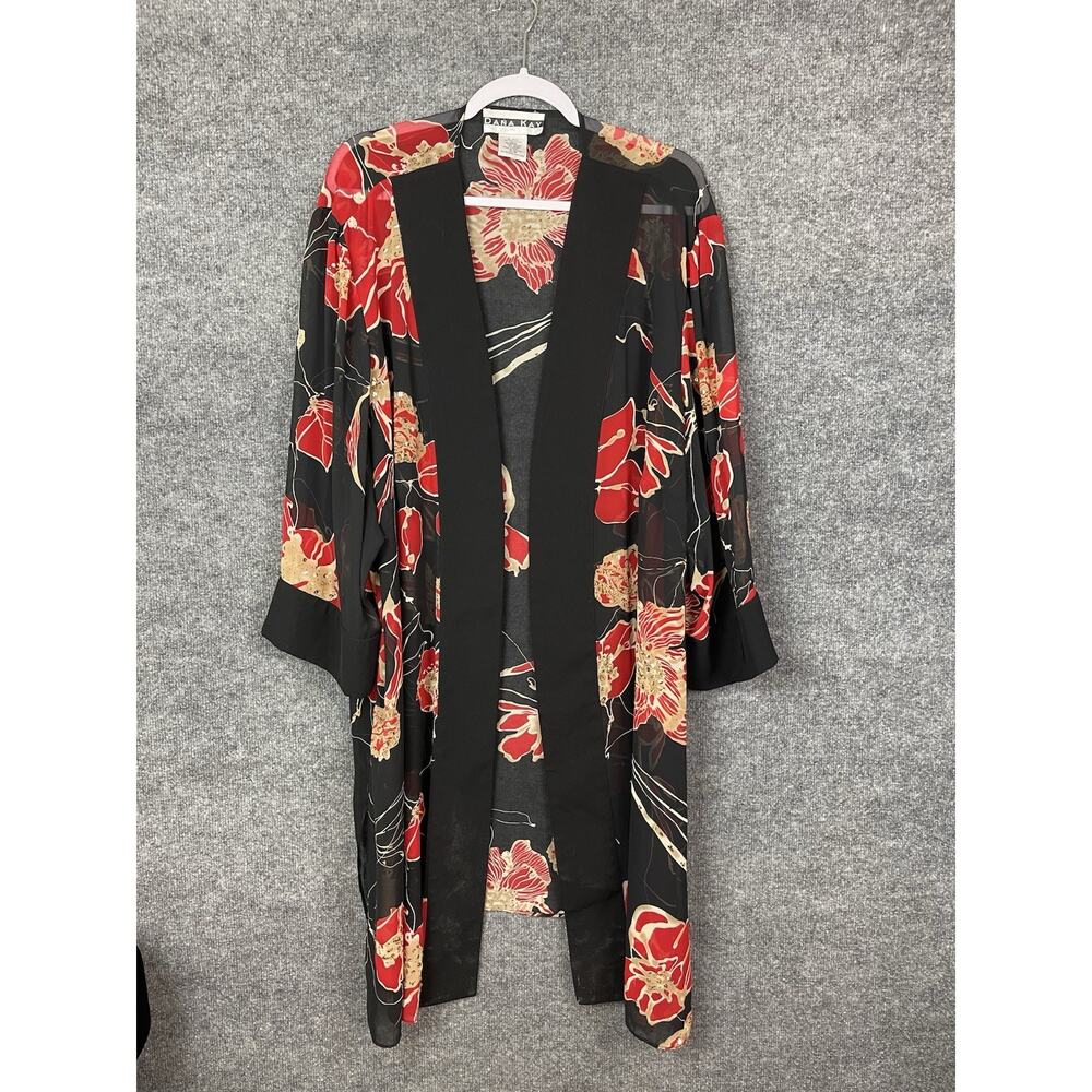 Kimono Duster Black Floral Print Open Front Lightweight OS Boho